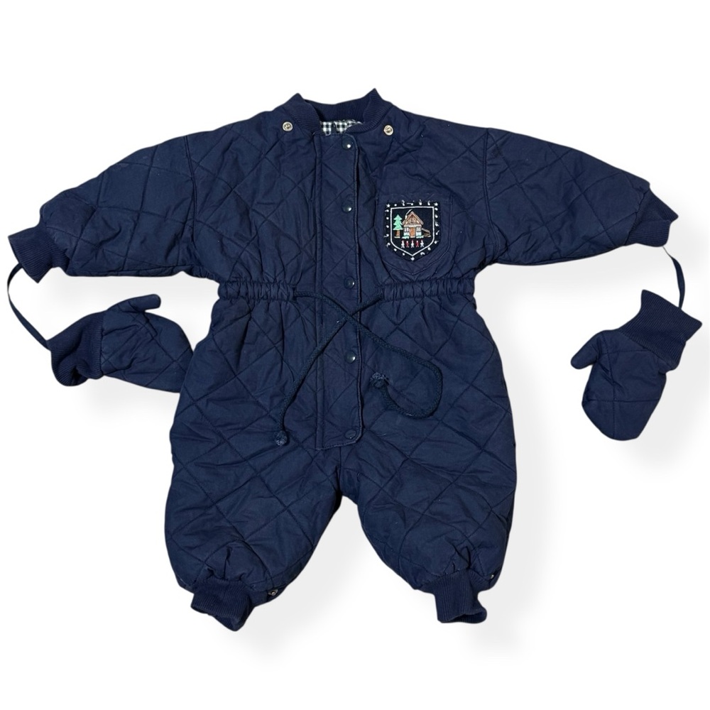 Vintage DPAM Quilted Navy Baby Snowsuit with Mittens Patch lined 6m